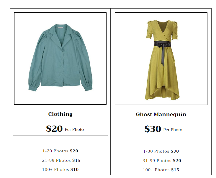 Ghost Model Photography Price List